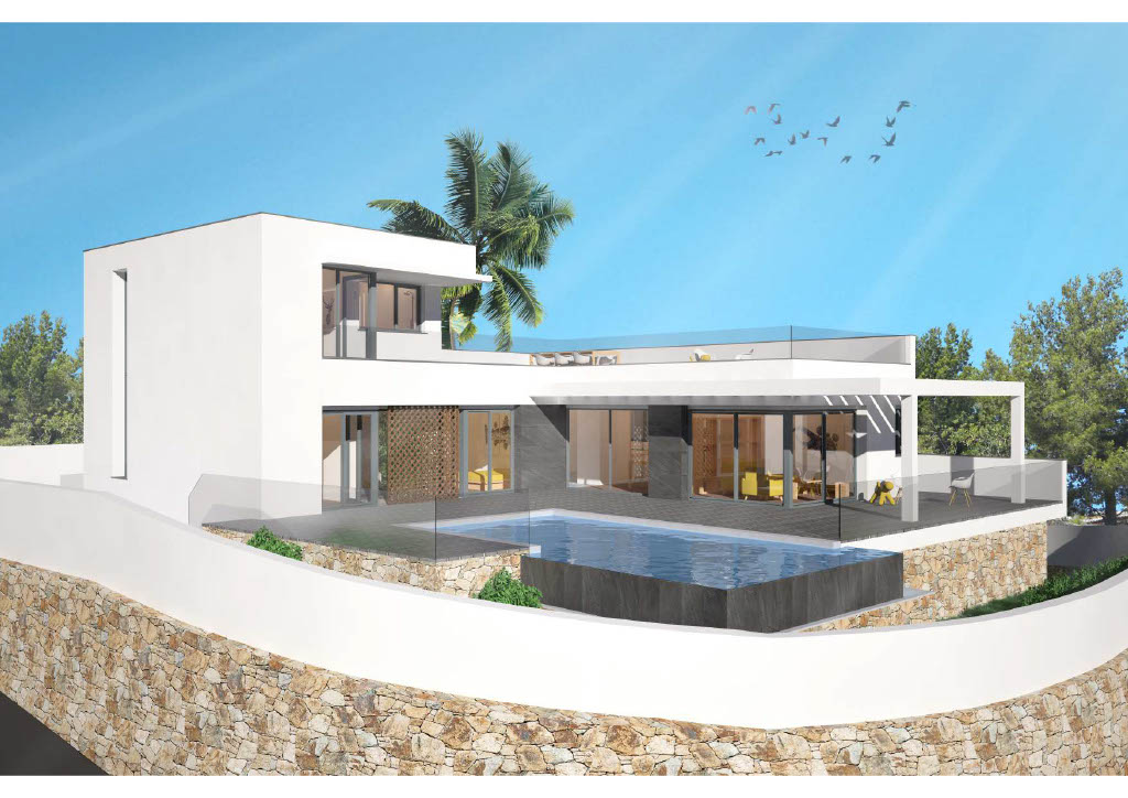 En venta villa de estilo moderno en Moraira, de tres dormitorios y dos baños. con piscina y vistas panorámicas. Proyecto finalizado en ocho meses,