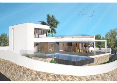 Villa de style moderne à vendre à Moraira, avec trois chambres et deux salles de bains, piscine et vues panoramiques. Projet réalisé en huit mois,